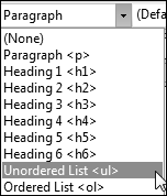 Screenshot of unordered list dropdown menu.