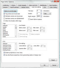 Screenshot Expression Web 4 Page Editor Options Code Formatting tab.