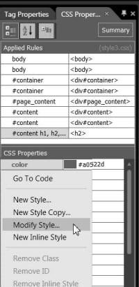 Screenshot CSS Properties Task panel.