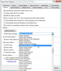 Screenshot language setting under page editor options.