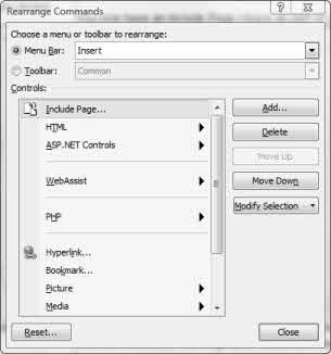 Screenshot Rearrange Commands Dialogue Box.