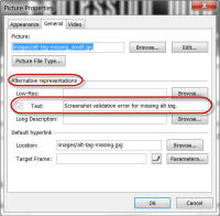 Screenshot FrontPage Picture Properties dialog box.