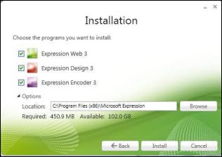 Screenshot of Installation Screen for Full Version of Expression Web 3.