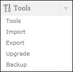 Screenshot WordPress Dashboard Tools Menu.
