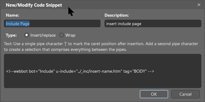 Screenshot COde Snippet dialog.