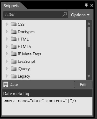 Screenshot Code snippets Panel.