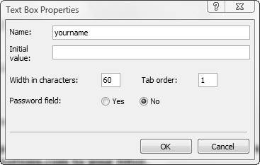 Screenshot Form Field Properties Dialogue Box.