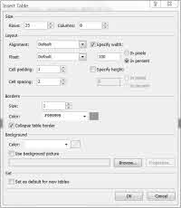 Screenshot Insert Tables Dialogue Box.