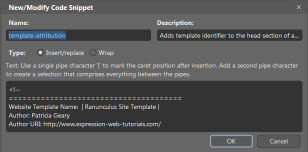 Screenshot COde Snippet dialog box.